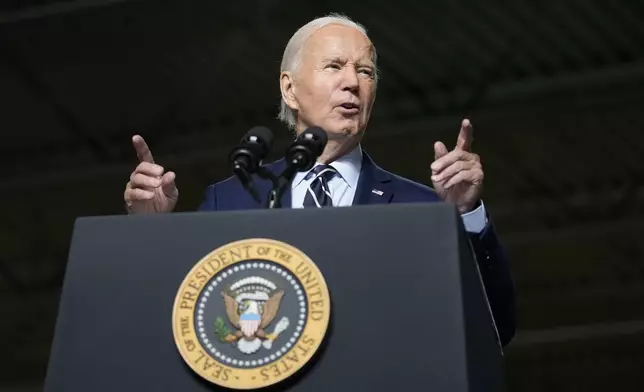 President Joe Biden speaks at an event at the Milwaukee Department of Public Works in Milwaukee, Tuesday, Oct. 8, 2024, to discuss his administration's progress in replacing lead pipes in Wisconsin and across the country. (AP Photo/Susan Walsh)