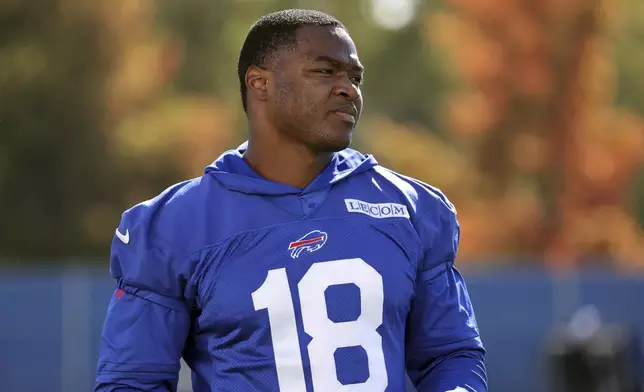 Buffalo Bills wide receiver Amari Cooper (18) looks on during NFL football practice in Orchard Park, N.Y., Thursday, Oct. 17, 2024. (AP Photo/Jeffrey T. Barnes)