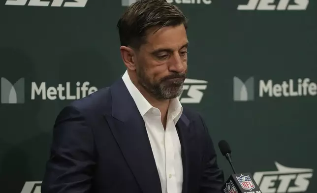 New York Jets quarterback Aaron Rodgers speaks at a news conference after an NFL football game against the Buffalo Bills in East Rutherford, N.J., Monday, Oct. 14, 2024. (AP Photo/Pamela Smith)