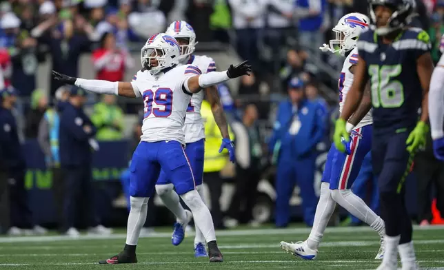 Buffalo Bills cornerback Cam Lewis (39) reacts after nearly intercepting a pass thrown by Seattle Seahawks quarterback Geno Smith (7) during the first half of an NFL football game, Sunday, Oct. 27, 2024, in Seattle. (AP Photo/Lindsey Wasson)