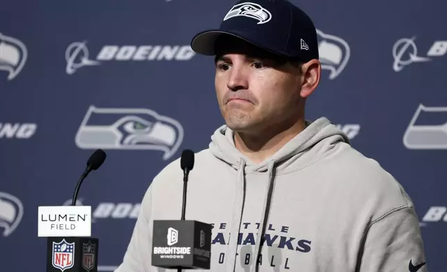Seattle Seahawks head coach Mike Macdonald speaks during a news conference after an NFL football game against the Buffalo Bills, Sunday, Oct. 27, 2024, in Seattle. The Bills won 31-10. (AP Photo/John Froschauer)