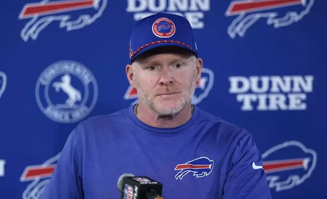 Buffalo Bills head coach Sean McDermott speaks during a news conference after an NFL football game against the Houston Texans, Sunday, Oct. 6, 2024, in Houston. The Texans won 23-20. (AP Photo/Eric Gay)