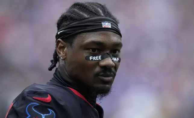 Houston Texans wide receiver Stefon Diggs stands on the sideline during the second half of an NFL football game against the Buffalo Bills, Sunday, Oct. 6, 2024, in Houston. (AP Photo/Eric Christian Smith)