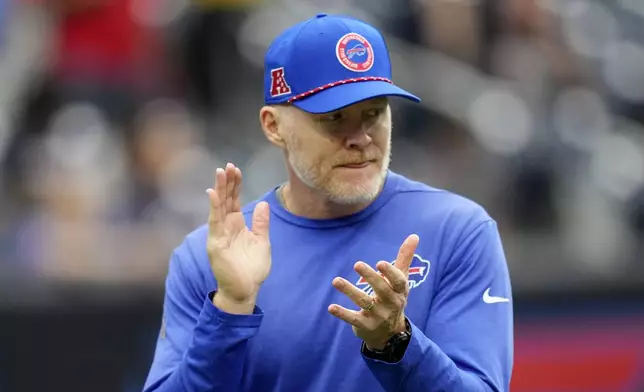 Buffalo Bills head coach Sean McDermott walks on the field before an NFL football game against the Houston Texans, Sunday, Oct. 6, 2024, in Houston. (AP Photo/Eric Gay)