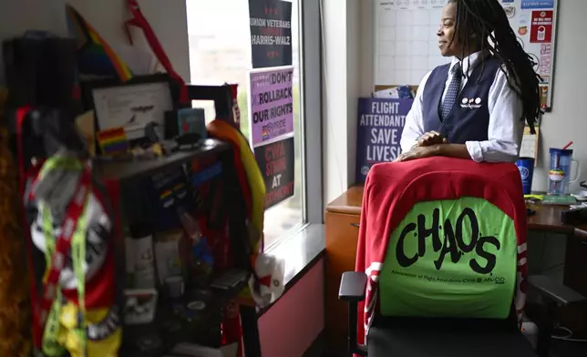 Keturah Johnson, international vice president for flight attendant union AFA-CWA, poses for a portrait in her headquarters office, Wednesday, Sept. 18, 2024, in Washington. (AP Photo/John McDonnell)