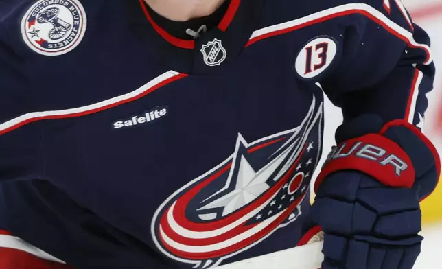 Columbus Blue Jackets players wear helmet stickers and patches honoring Johnny Gaudreau and his brother Matthew during the first period of an NHL hockey game against the Florida Panthers Tuesday, Oct. 15, 2024, in Columbus, Ohio. All teams in the NHL will wear helmet stickers honoring the Gaudreau brothers. (AP Photo/Jay LaPrete)