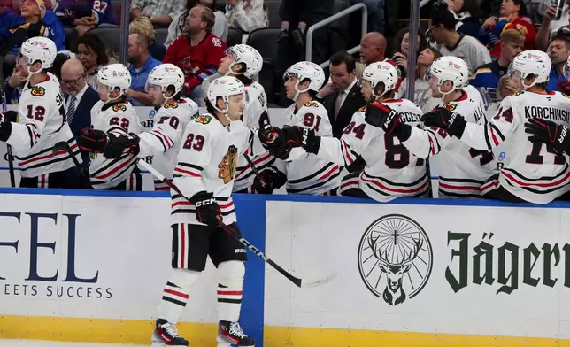 Chicago Blackhawks forward Philipp Kurashev is congratulated by teammates after scoring a goal in the first period of a preseason NHL hockey game against the St. Louis Blues in St. Louis, Saturday, Sept. 28, 2024. (Christian Gooden/St. Louis Post-Dispatch via AP)