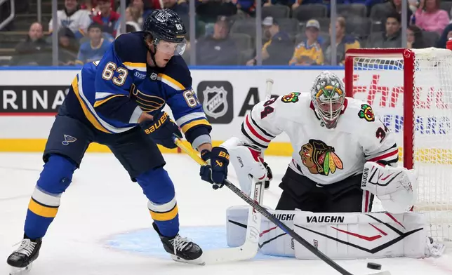 St. Louis Blues' Jake Neighbours handles the puck in front of Chicago Blackhawks goalie Petr Mrazek in the first period of a preseason NHL hockey game in St. Louis, Saturday, Sept. 28, 2024. (Christian Gooden/St. Louis Post-Dispatch via AP)
