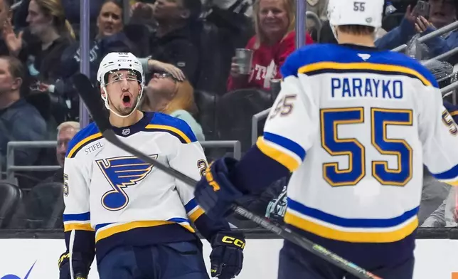 St. Louis Blues center Jordan Kyrou, left, celebrates his second goal of the game against the Seattle Kraken with defenseman Colton Parayko (55) during the second period of an NHL hockey game Tuesday, Oct. 8, 2024, in Seattle. The Blues won 3-2. (AP Photo/Lindsey Wasson)