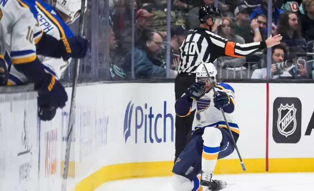 St. Louis Blues center Jordan Kyrou celebrates his goal against the Seattle Kraken during the second period of an NHL hockey game Tuesday, Oct. 8, 2024, in Seattle. (AP Photo/Lindsey Wasson)