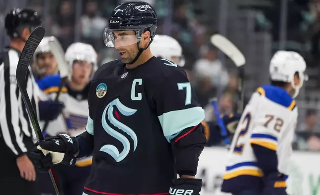 Seattle Kraken right wing Jordan Eberle looks down after a St. Louis Blues goal during the second period of an NHL hockey game Tuesday, Oct. 8, 2024, in Seattle. (AP Photo/Lindsey Wasson)