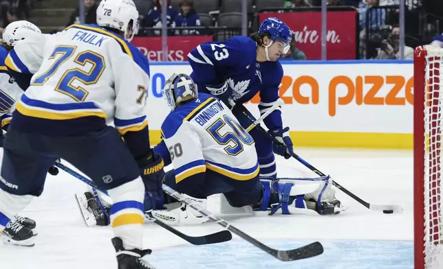 Toronto Maple Leafs forward Matthew Knies (23) tries to get around St. Louis Blues goaltender Jordan Binnington (50) during second-period NHL hockey game action in Toronto, Thursday, Oct. 24, 2024. (Nathan Denette/The Canadian Press via AP)