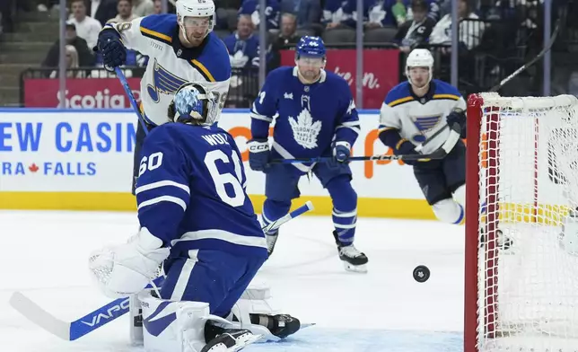 St. Louis Blues forward Pavel Buchnevich (89) watches the puck pass Toronto Maple Leafs goaltender Joseph Woll (60) during the first period of an NHL hockey game in Toronto, Thursday, Oct. 24, 2024. (Nathan Denette/The Canadian Press via AP)