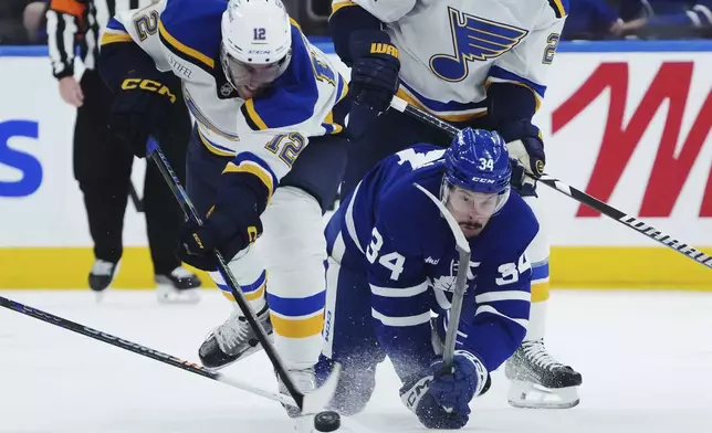 St. Louis Blues forward Radek Faksa (12) and Toronto Maple Leafs forward Auston Matthews (34) battle for the puck during third-period NHL hockey game action in Toronto, Thursday, Oct. 24, 2024. (Nathan Denette/The Canadian Press via AP)