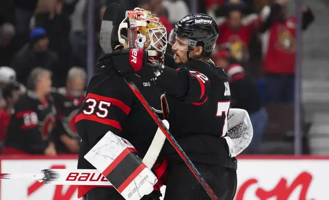 Ottawa Senators defenseman Thomas Chabot (72) congratulates Ottawa Senators goaltender Linus Ullmark (35) after defeating the St. Louis Blues in an NHL hockey game in Ottawa, Ontario, Tuesday, Oct. 29, 2024. (Sean Kilpatrick/The Canadian Press via AP)