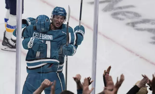 San Jose Sharks center Macklin Celebrini (71) is congratulated by left wing William Eklund (72) after his goal against the St. Louis Blues during the first period of an NHL hockey game Thursday, Oct. 10, 2024, in San Jose, Calif. (AP Photo/Godofredo A. Vásquez)