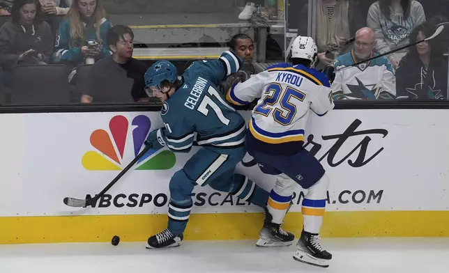 San Jose Sharks center Macklin Celebrini, left, and St. Louis Blues center Jordan Kyrou (25) complete for possession of the puck during the first period of an NHL hockey game Thursday, Oct. 10, 2024, in San Jose, Calif. (AP Photo/Godofredo A. Vásquez)