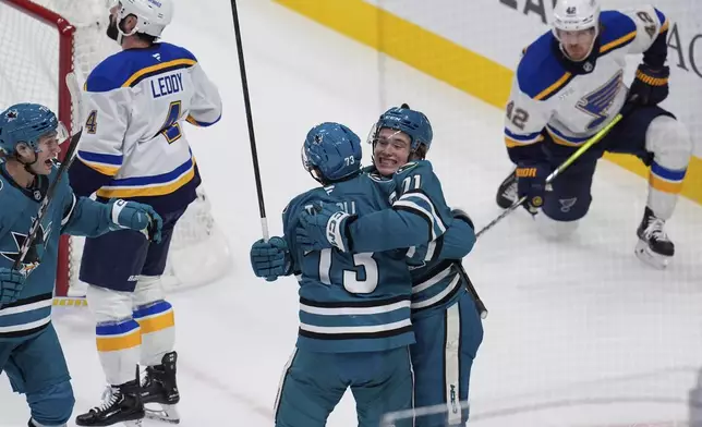 San Jose Sharks center Tyler Toffoli (73) is congratulated by center Macklin Celebrini (71) after his goal against the St. Louis Blues during the first period of an NHL hockey game Thursday, Oct. 10, 2024, in San Jose, Calif. (AP Photo/Godofredo A. Vásquez)