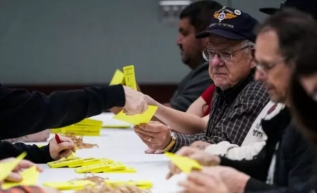 Volunteers tally votes on a new contract offer from Boeing, Wednesday, Oct. 23, 2024, at Seattle Union Hall in Seattle. (AP Photo/Lindsey Wasson)