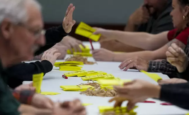 Volunteers tally votes on a new contract offer from Boeing, Wednesday, Oct. 23, 2024, at Seattle Union Hall in Seattle. (AP Photo/Lindsey Wasson)