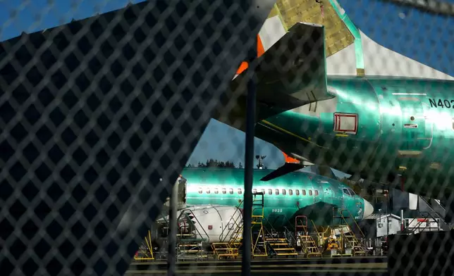 Boeing 737 Max aircrafts are seen behind fences, Tuesday, Sept. 24, 2024, at the company's facilities in Renton, Wash. (AP Photo/Lindsey Wasson)