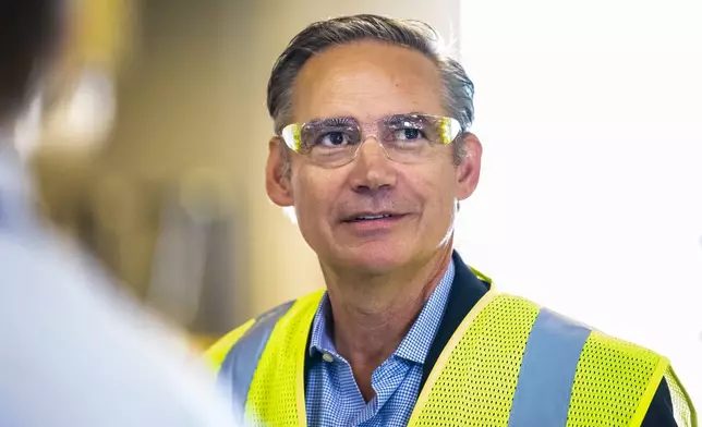 In this photo provided by Boeing, CEO Kelley Ortberg is shown during a visit to the Boeing factory on Aug. 8, 2024 in Renton, Wash. (Marian Lockhart/Boeing via AP)