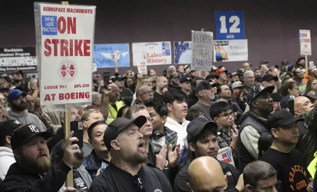 Boeing machinists, labor allies and elected officials rally in Seattle at their union hall on Tuesday, Oct. 15, 2024.(AP Photo/Manuel Valdes)