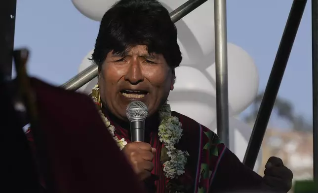 FILE - Former President Evo Morales speaks to supporters after marching to La Paz, Bolivia, to protest current President Luis Arce, Monday, Sept. 23, 2024. (AP Photo/Juan Karita, File)