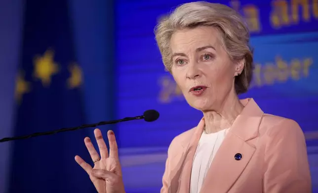 European Commission President Ursula von der Leyen speaks during a joint news conference with the President of the Council of Ministers of Bosnia and Herzegovina Borjana Kristo in Sarajevo, Bosnia, Friday, Oct. 25, 2024. (AP Photo/Armin Durgut)