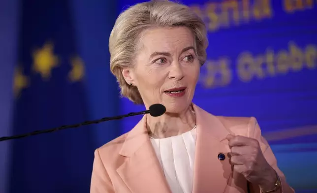 European Commission President Ursula von der Leyen speaks during a joint news conference with the President of the Council of Ministers of Bosnia and Herzegovina Borjana Kristo in Sarajevo, Bosnia, Friday, Oct. 25, 2024. (AP Photo/Armin Durgut)