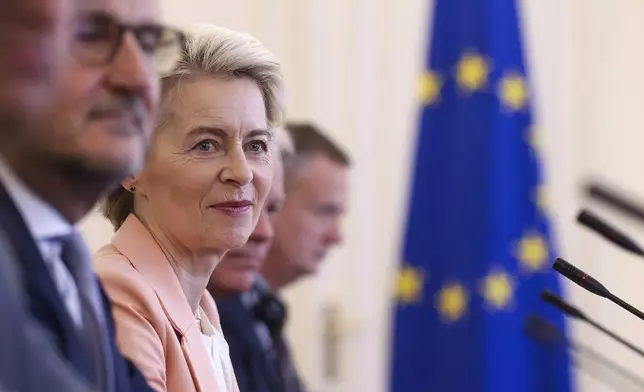 European Commission President Ursula von der Leyen looks on at the start of her meeting with the members of the Bosnian Presidency in Sarajevo, Bosnia, Friday, Oct. 25, 2024. (AP Photo/Armin Durgut)