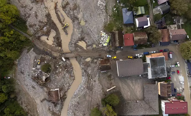 An aerial view shows the area destroyed by flooding in Buturovic Polje, Bosnia, Sunday, Oct. 6, 2024. (AP Photo/Armin Durgut)