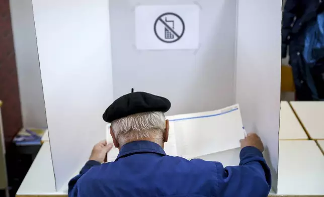 A man votes for a municipal election at a polling station in Sarajevo, Bosnia, Sunday, Oct. 6, 2024. (AP Photo/Armin Durgut)