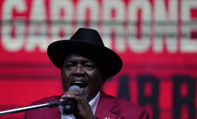 Botswana Democratic Party president Mokgweetsi Masisi speaks during his election rally, a day before elections in Gaborone, Botswana, Tuesday, Oct. 29, 2024. (AP Photo/Themba Hadebe)