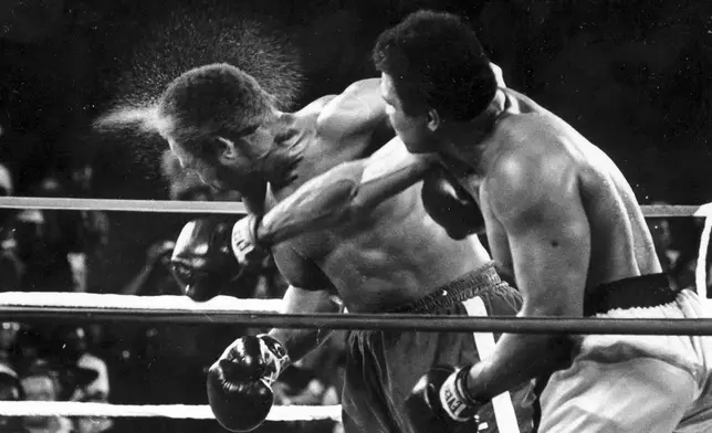 FILE - Perspiration flies from the head of George Foreman as he takes a right from challenger Muhammad Ali in the seventh round in the match dubbed Rumble in the Jungle in Kinshasa, Zaire on Oct. 30, 1974. (AP Photo/Ed Kolenovsky, File)