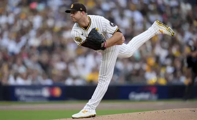 San Diego Padres starting pitcher Michael King throws to a Atlanta Braves batter during the first inning in Game 1 of an NL Wild Card Series baseball game Tuesday, Oct. 1, 2024, in San Diego. (AP Photo/Gregory Bull)