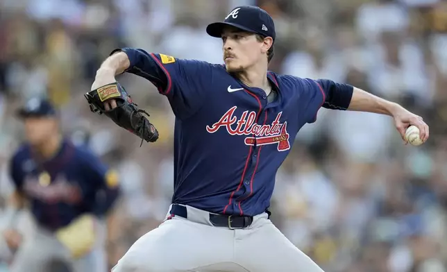 Atlanta Braves starting pitcher Max Fried throws to a San Diego Padres batter during the first inning in Game 2 of an NL Wild Card Series baseball game Wednesday, Oct. 2, 2024, in San Diego. (AP Photo/Gregory Bull)