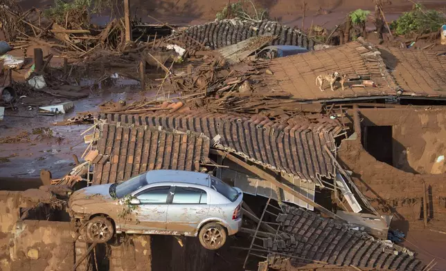 FILE - A car and two dogs are on the roof of destroyed houses at the small town of Bento Rodrigues after a dam burst in Minas Gerais state, Brazil, Nov. 6, 2015. (AP Photo/Felipe Dana, File)