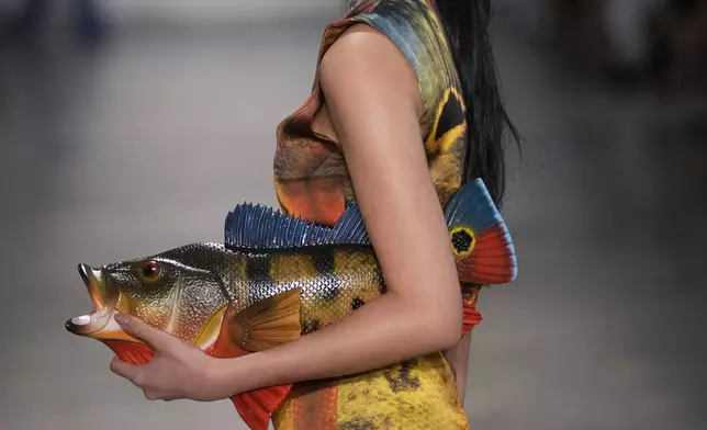 A model wears a creation from the Normando collection during Sao Paulo Fashion Week in Sao Paulo, Wednesday, Oct. 16, 2024. (AP Photo/Andre Penner)