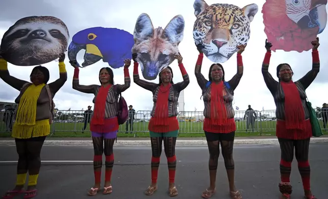 Indigenous women hold up cutouts of animals representing biodiversity, during a protest against a proposed constitutional amendment that threatens some of their land rights, in Brasilia, Brazil, Wednesday, Oct. 30, 2024. (AP Photo/Eraldo Peres)