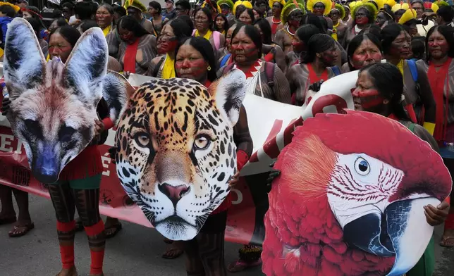 Indigenous groups take part in a protest against a proposed constitutional amendment that threatens some of their land rights, in Brasilia, Brazil, Wednesday, Oct. 30, 2024. (AP Photo/Eraldo Peres)