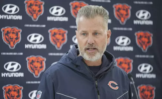 Chicago Bears head coach Matt Eberflus speaks during an interview after a training session in Ware, England, Friday, Oct. 11, 2024, ahead of the game between Jacksonville Jaguars and Chicago Bears at the Tottenham Hotspur stadium on Sunday. (AP Photo/Kin Cheung)