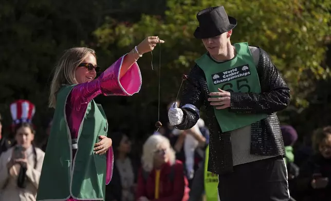 Competitors take part in the annual World Conker Championships at the Shuckburgh Arms in Southwick, Peterborough, England, Sunday Oct. 13, 2024. (Jacob King/PA via AP)