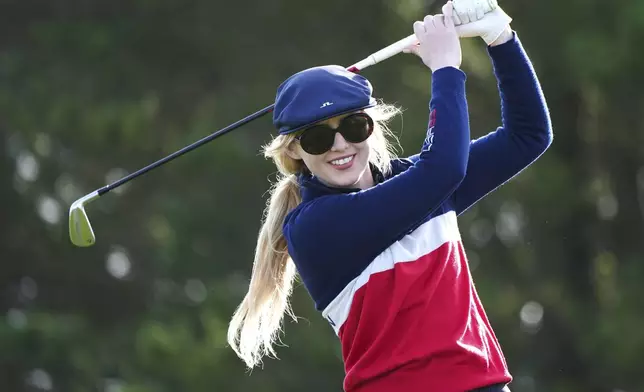 Kathryn Newton on the 8th tee on day one of the Alfred Dunhill Links Championship at Carnoustie, in Angus, Scotland, Thursday Oct. 3, 2024. (Jane Barlow/PA via AP)