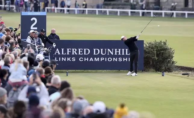 Northern Ireland's Rory McIlroy tees off the 2nd, during day three of the Alfred Dunhill Links Championship at the Old Course, St. Andrews, Scotland, Saturday, Oct. 5, 2024. (Robert Perry/PA via AP)