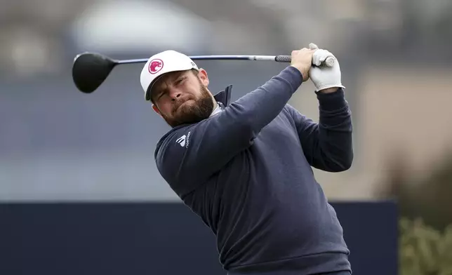 Tyrrell Hatton tees off on the second hole during day Four of the Alfred Dunhill Links Championship, at the Old Course St. Andrews, Britain, Sunday Oct. 6, 2024. (Robert Perry/PA via AP)