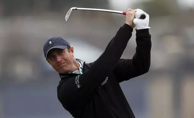 Nicolas Colsaerts tees off on the second hole during day Four of the Alfred Dunhill Links Championship, at the Old Course St. Andrews, Britain, Sunday Oct. 6, 2024. (Robert Perry/PA via AP)