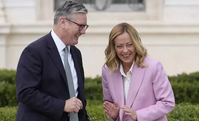 FILE - Italian Premier Giorgia Meloni, right, and U.K. Prime Minister Keir Starmer meet at Villa Pamphilj in Rome, Monday, Sept. 16, 2024. (AP Photo/Andrew Medichini, File)