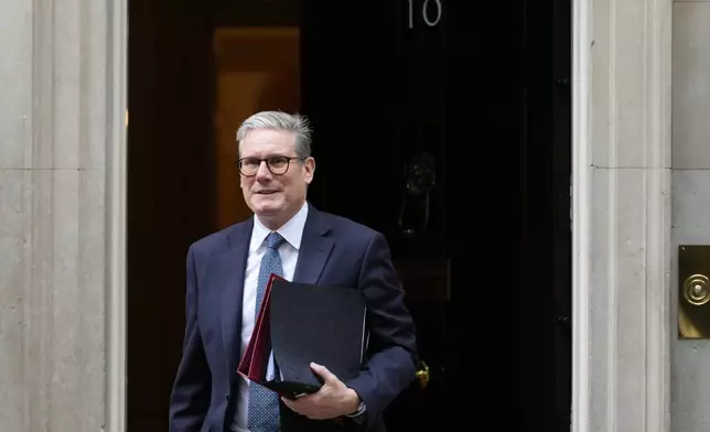 FILE - Britain's Prime Minister Keir Starmer leaves 10 Downing Street to attend the weekly session of Prime Ministers Questions in Parliament in London, Wednesday, Oct. 9, 2024. (AP Photo/Kirsty Wigglesworth, File)