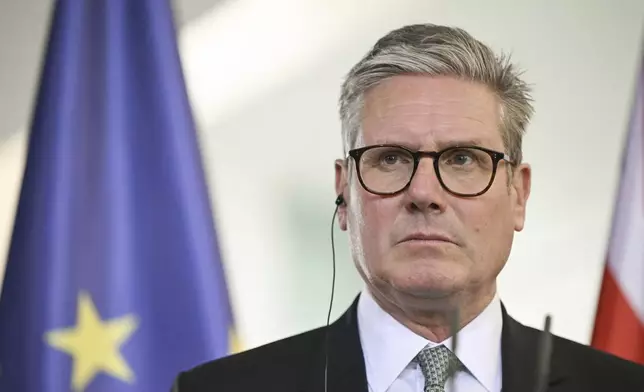 FILE - Britain's Prime Minister Keir Starmer attends a joint news conference with German Chancellor Olaf Scholz, not pictured, after bilateral talks at the Chancellery in Berlin, Wednesday Aug. 28, 2024. (Justin Tallis/Pool Photo via AP, FIle)